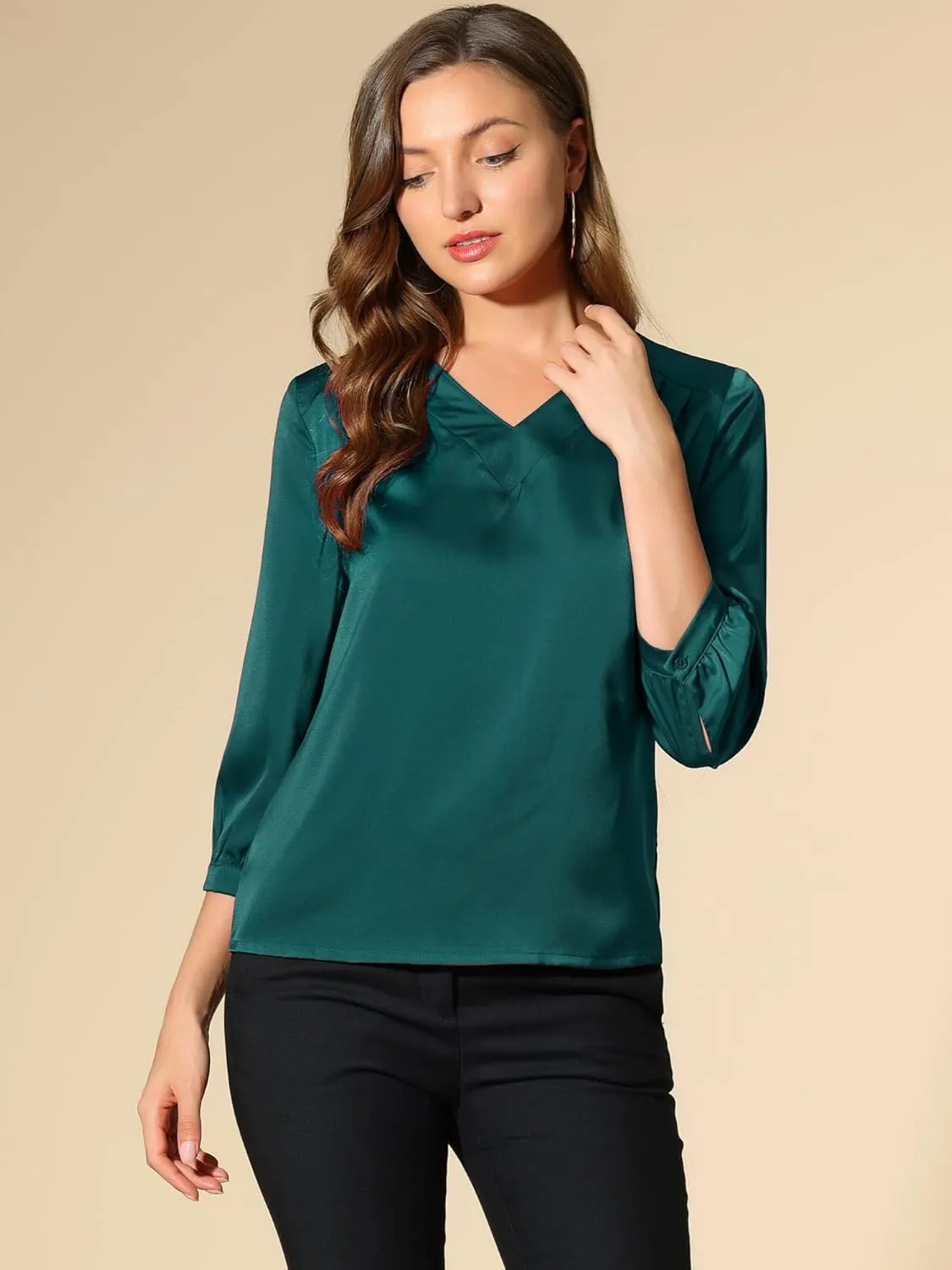 Allegra K Women's Casual Dressy Office Blouses 3/4 Sleeve V Neck Satin Shirt