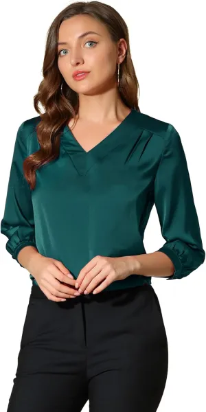 Allegra K Women's Casual Dressy Office Blouses 3/4 Sleeve V Neck Satin Shirt