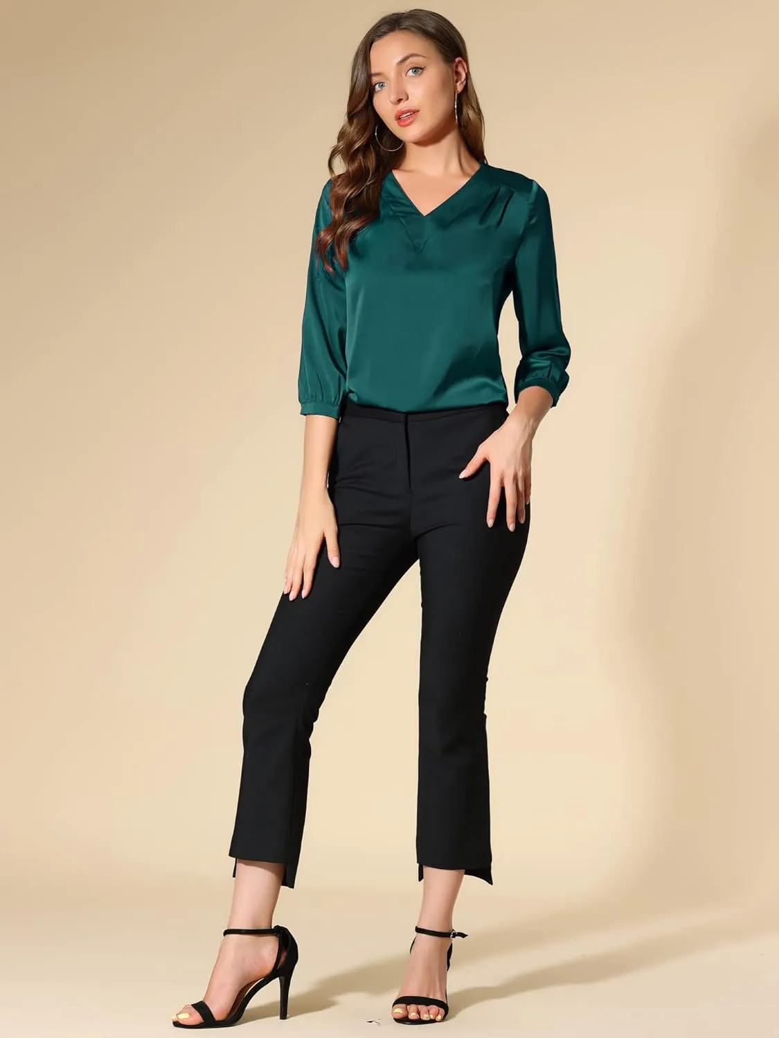 Allegra K Women's Casual Dressy Office Blouses 3/4 Sleeve V Neck Satin Shirt
