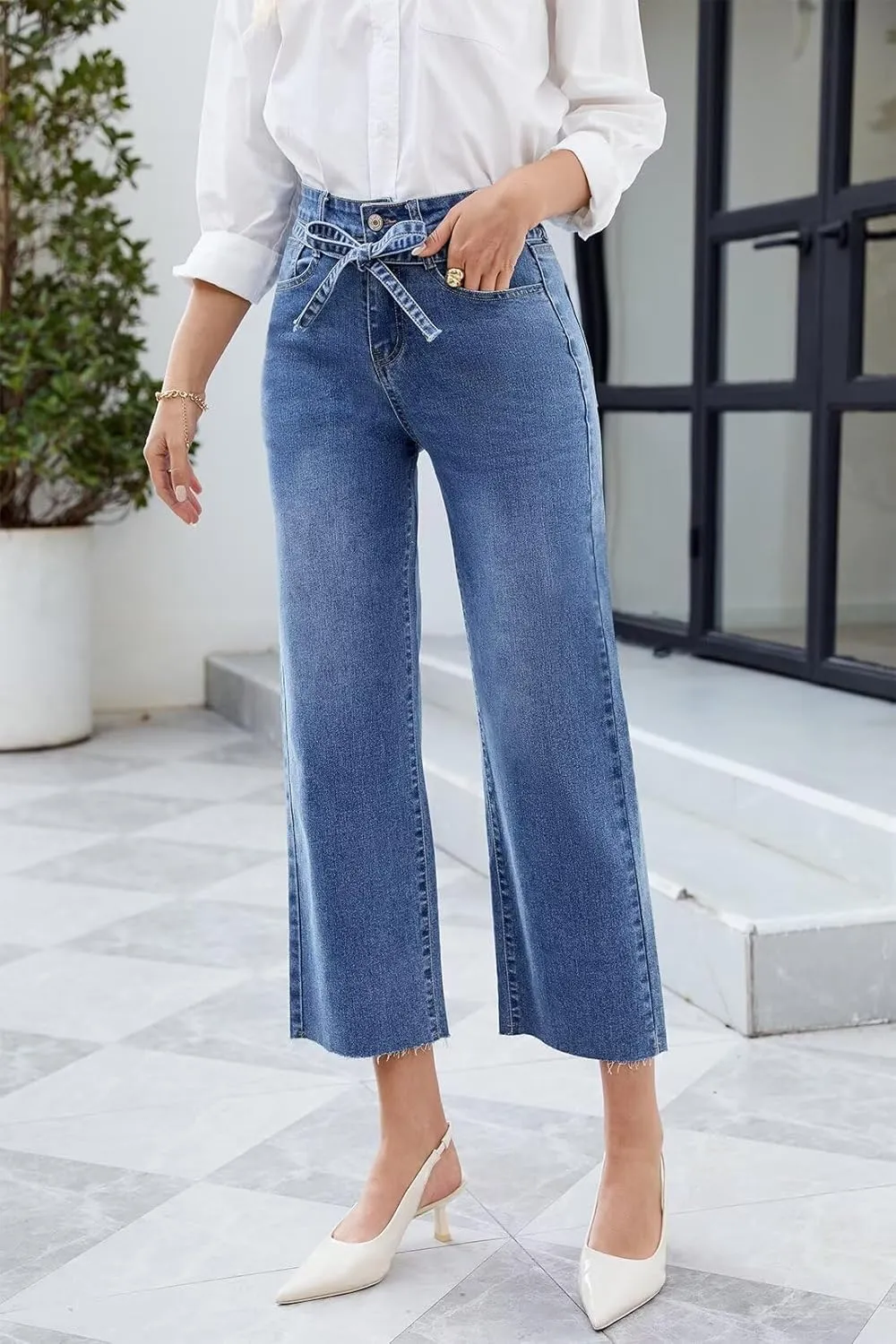 Allimy Womens Jeans High Rise Belted Wide Straight Leg Frayed Hem Jeans for Women Trendy 2025 Denim Pants