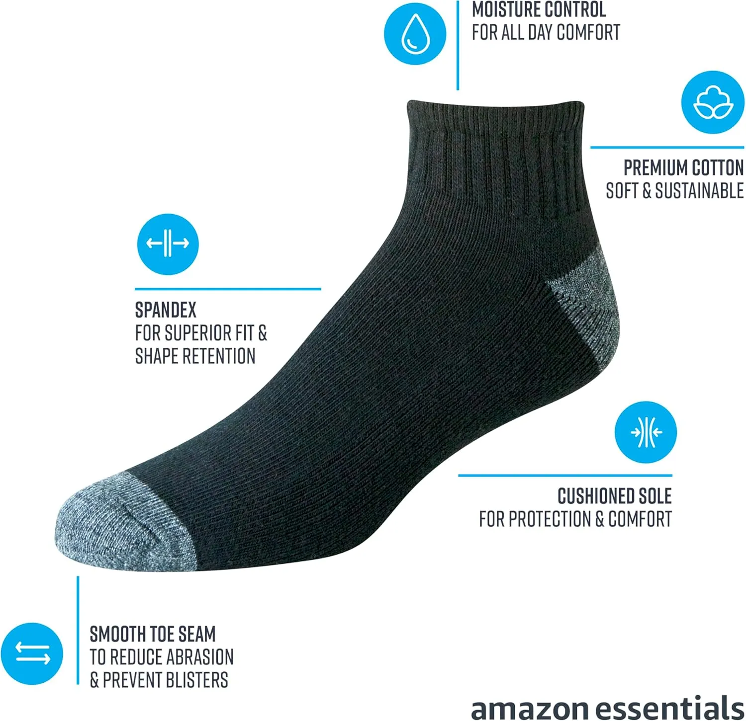 Amazon Essentials Men's Cotton Ankle Socks - Comfortable, Durable, Half-Cushioned, 10 Pairs