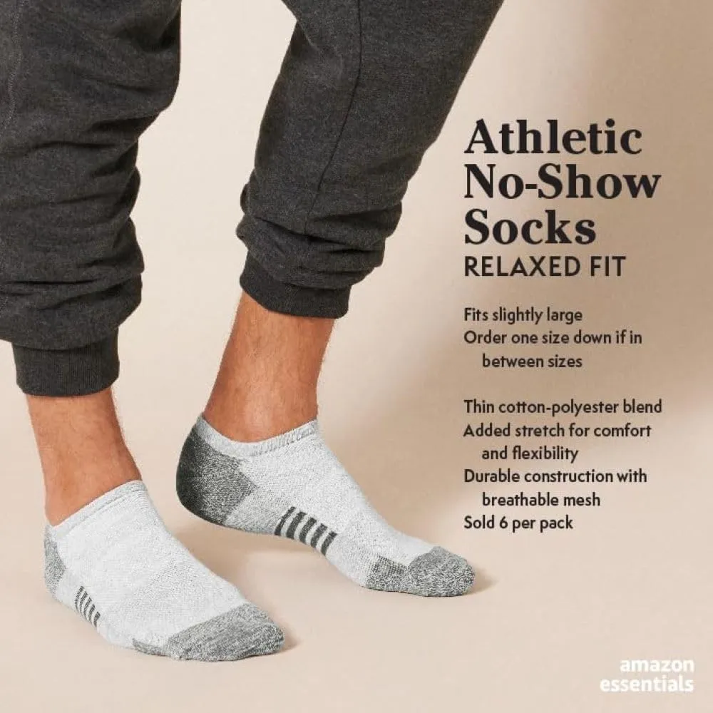 Amazon Essentials Men's Performance Comfortable Cotton Cushioned Breathable Athletic No-Show Sports Socks, 6 Pairs