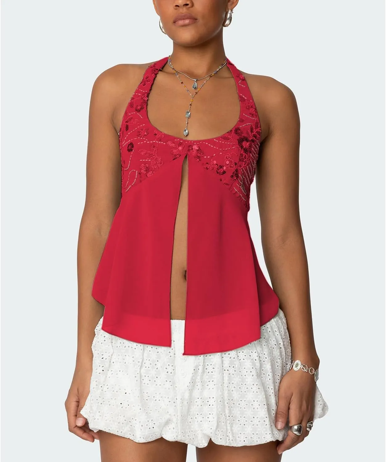 Amiblvowa Womens Sexy Sequin Sparkly Halter Top Y2K Going Out Backless Camisole Slim Fit Crop Cami Aesthetic Tank Tops