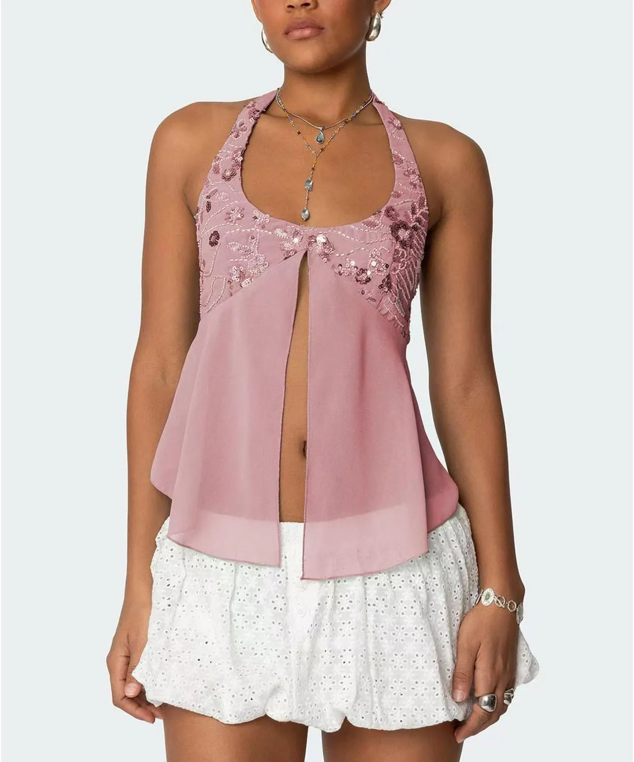 Amiblvowa Womens Sexy Sequin Sparkly Halter Top Y2K Going Out Backless Camisole Slim Fit Crop Cami Aesthetic Tank Tops