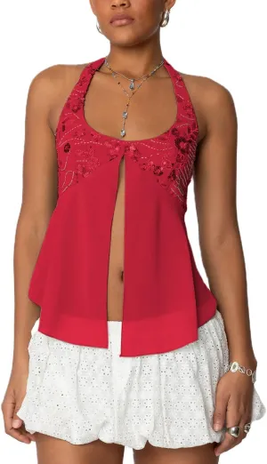 Amiblvowa Womens Sexy Sequin Sparkly Halter Top Y2K Going Out Backless Camisole Slim Fit Crop Cami Aesthetic Tank Tops