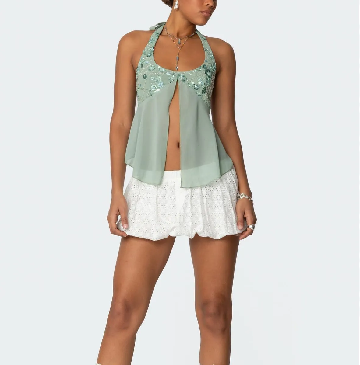 Amiblvowa Womens Sexy Sequin Sparkly Halter Top Y2K Going Out Backless Camisole Slim Fit Crop Cami Aesthetic Tank Tops