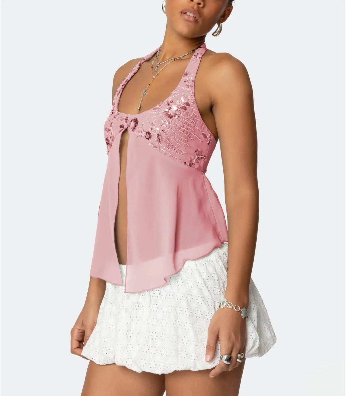 Amiblvowa Womens Sexy Sequin Sparkly Halter Top Y2K Going Out Backless Camisole Slim Fit Crop Cami Aesthetic Tank Tops