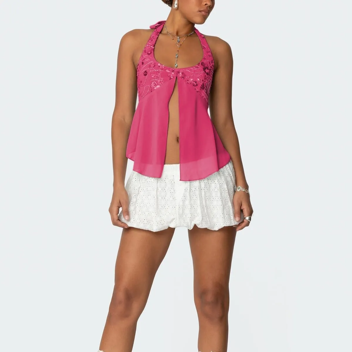 Amiblvowa Womens Sexy Sequin Sparkly Halter Top Y2K Going Out Backless Camisole Slim Fit Crop Cami Aesthetic Tank Tops