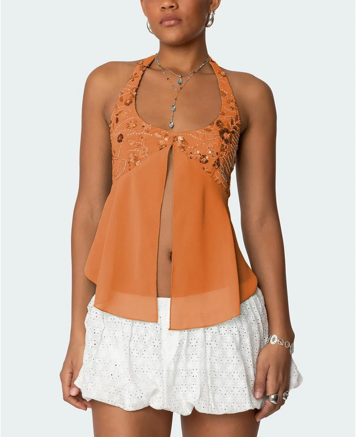 Amiblvowa Womens Sexy Sequin Sparkly Halter Top Y2K Going Out Backless Camisole Slim Fit Crop Cami Aesthetic Tank Tops
