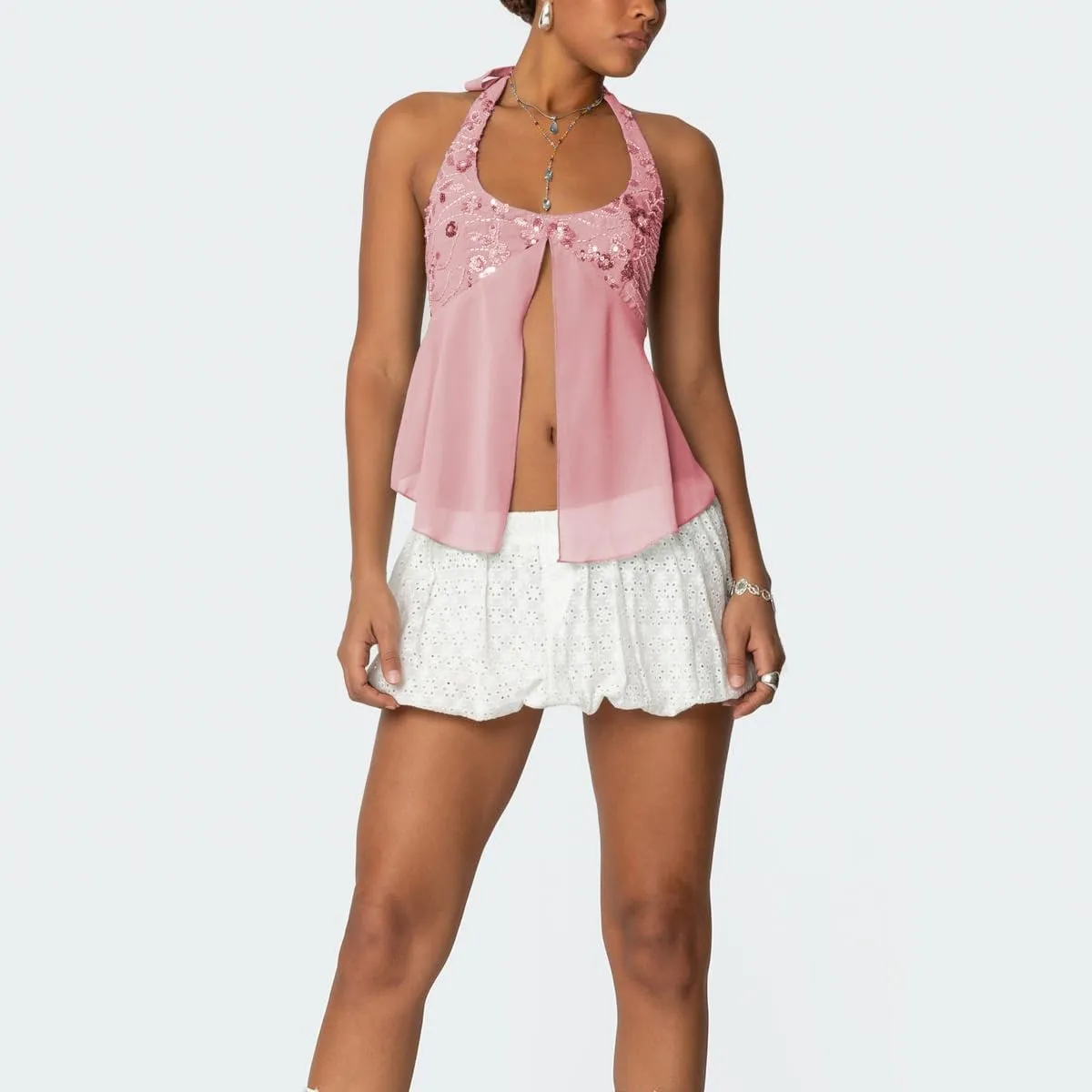 Amiblvowa Womens Sexy Sequin Sparkly Halter Top Y2K Going Out Backless Camisole Slim Fit Crop Cami Aesthetic Tank Tops