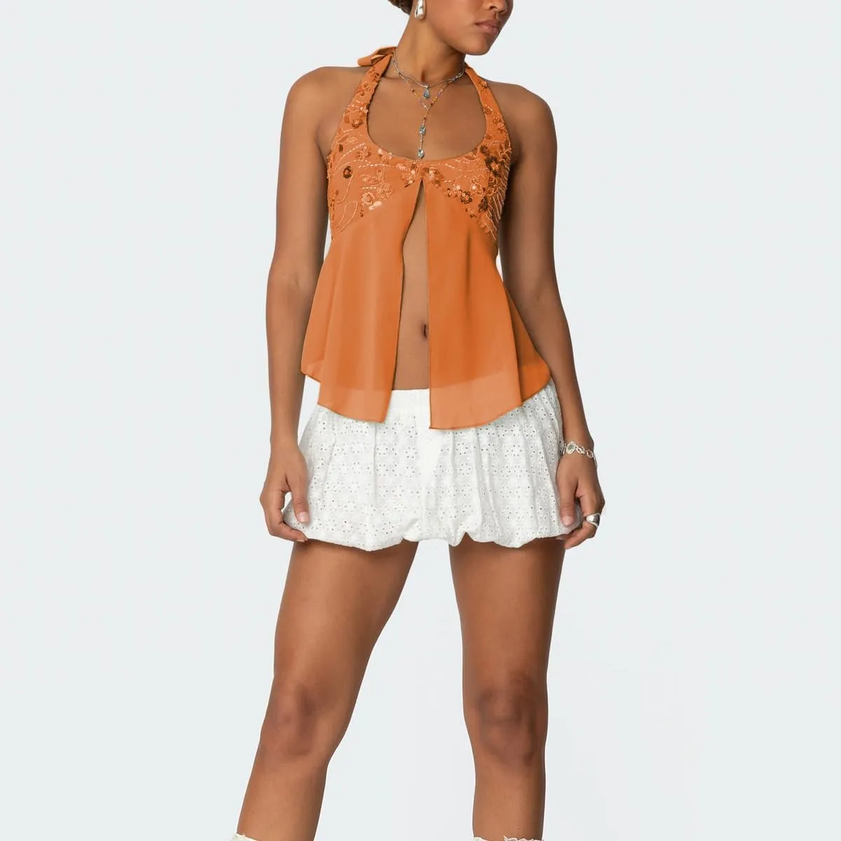 Amiblvowa Womens Sexy Sequin Sparkly Halter Top Y2K Going Out Backless Camisole Slim Fit Crop Cami Aesthetic Tank Tops