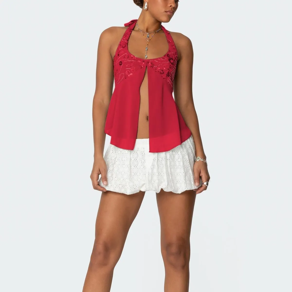 Amiblvowa Womens Sexy Sequin Sparkly Halter Top Y2K Going Out Backless Camisole Slim Fit Crop Cami Aesthetic Tank Tops