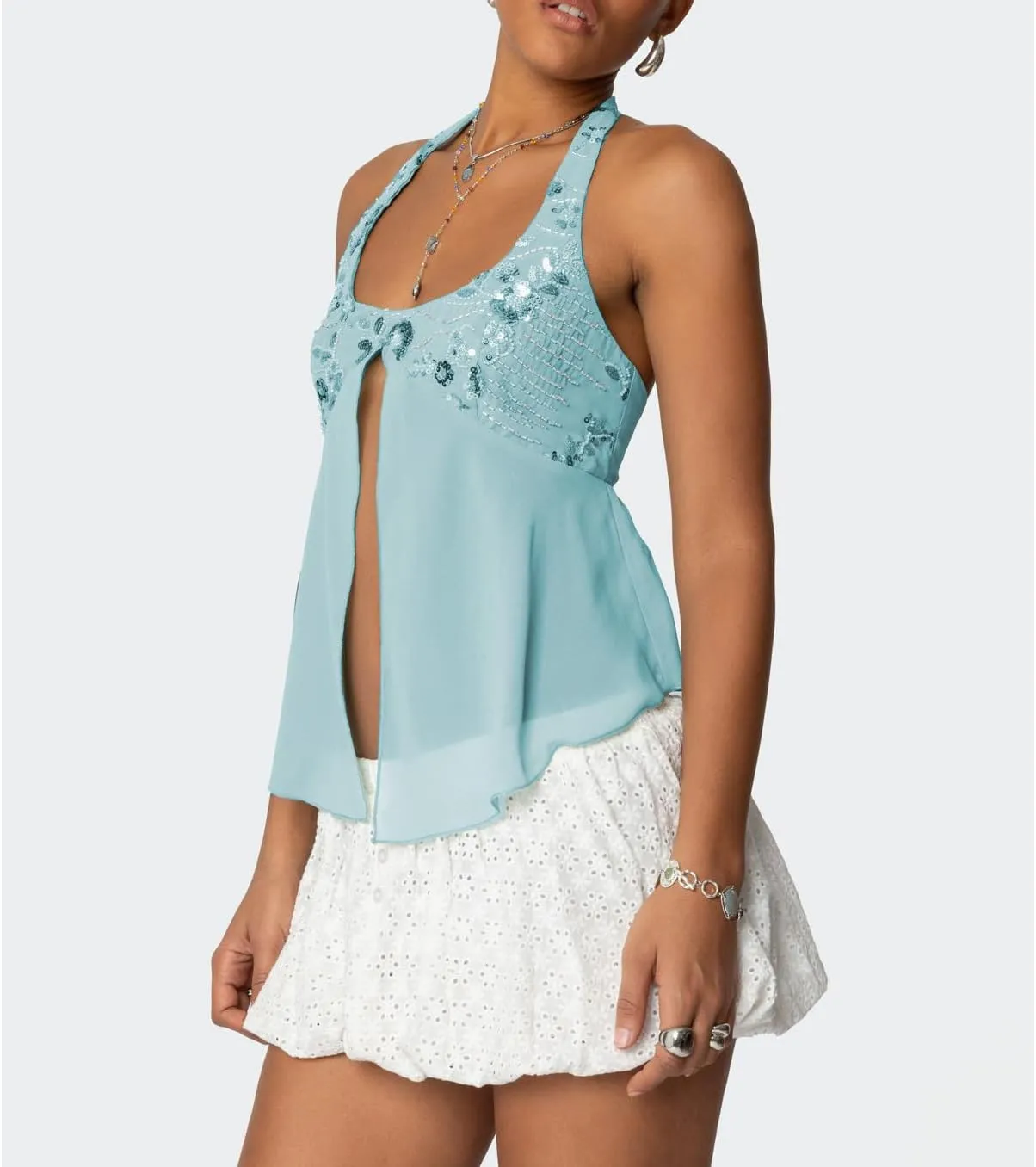 Amiblvowa Womens Sexy Sequin Sparkly Halter Top Y2K Going Out Backless Camisole Slim Fit Crop Cami Aesthetic Tank Tops