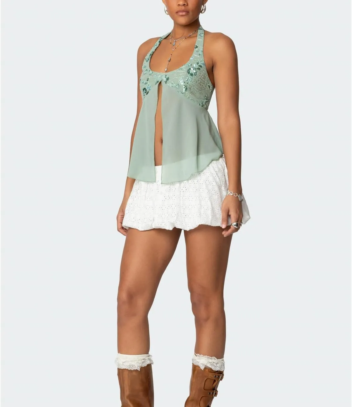 Amiblvowa Womens Sexy Sequin Sparkly Halter Top Y2K Going Out Backless Camisole Slim Fit Crop Cami Aesthetic Tank Tops