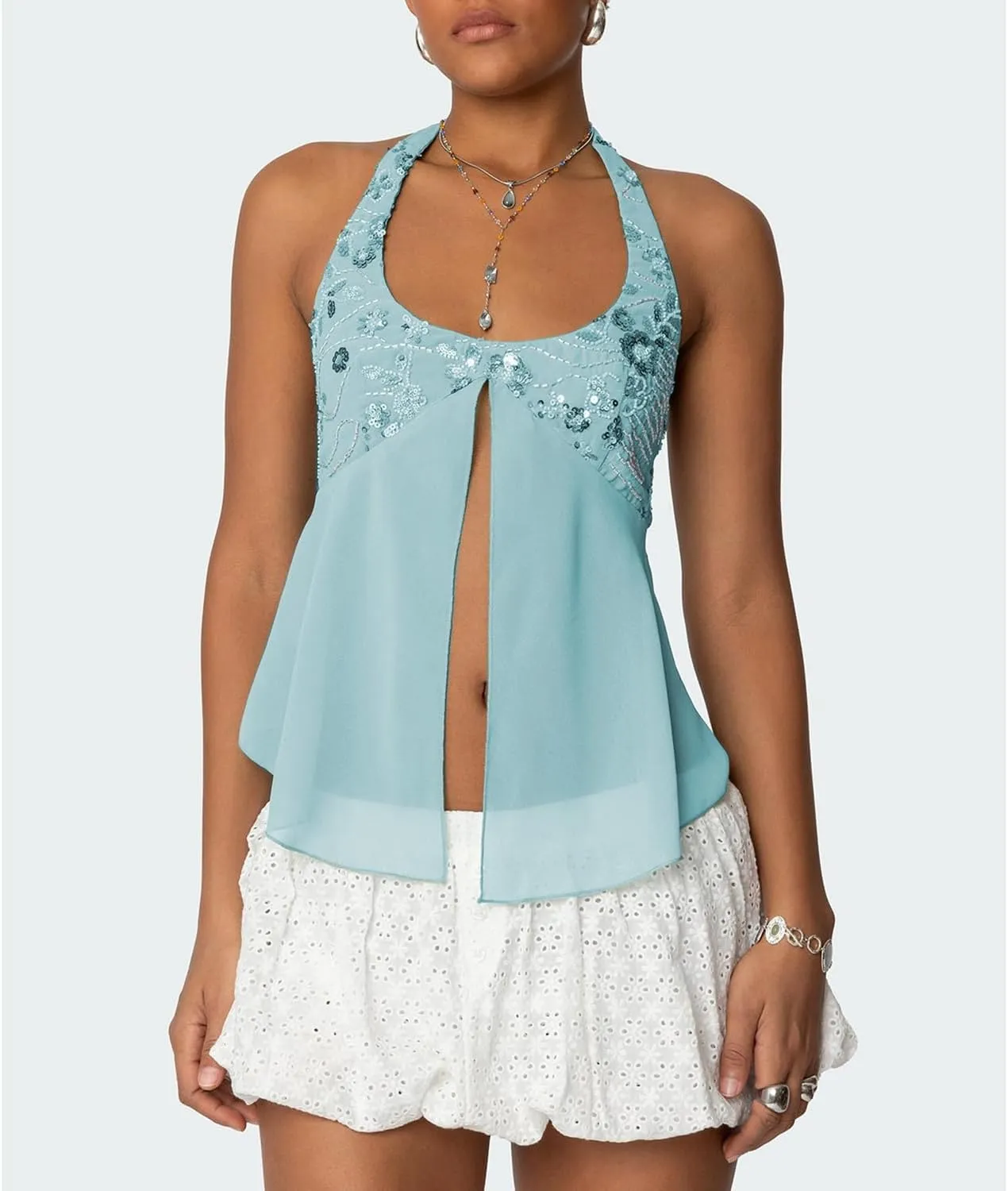 Amiblvowa Womens Sexy Sequin Sparkly Halter Top Y2K Going Out Backless Camisole Slim Fit Crop Cami Aesthetic Tank Tops