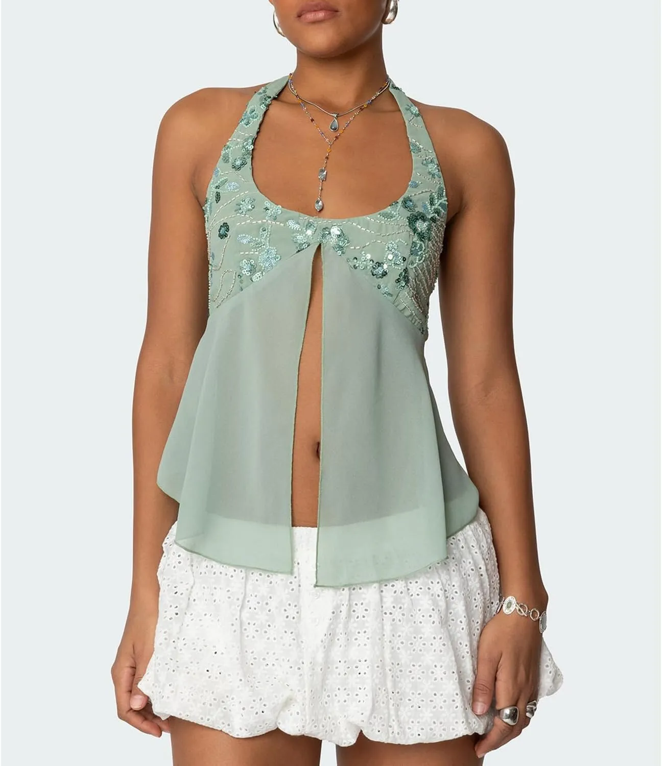 Amiblvowa Womens Sexy Sequin Sparkly Halter Top Y2K Going Out Backless Camisole Slim Fit Crop Cami Aesthetic Tank Tops