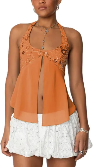 Amiblvowa Womens Sexy Sequin Sparkly Halter Top Y2K Going Out Backless Camisole Slim Fit Crop Cami Aesthetic Tank Tops