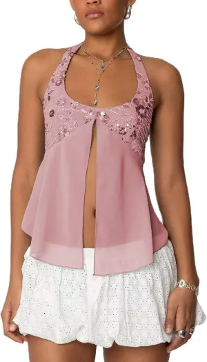 Amiblvowa Womens Sexy Sequin Sparkly Halter Top Y2K Going Out Backless Camisole Slim Fit Crop Cami Aesthetic Tank Tops