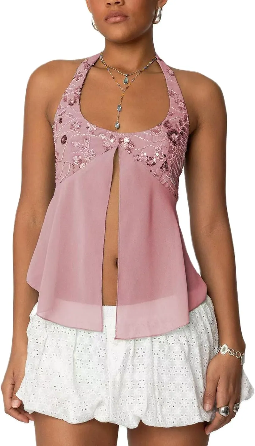 Amiblvowa Womens Sexy Sequin Sparkly Halter Top Y2K Going Out Backless Camisole Slim Fit Crop Cami Aesthetic Tank Tops