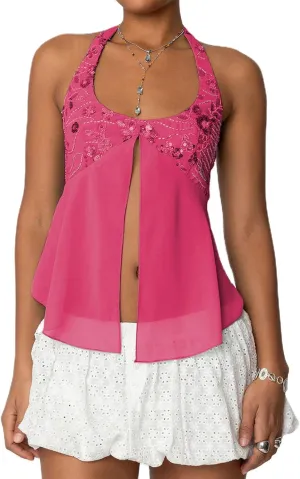 Amiblvowa Womens Sexy Sequin Sparkly Halter Top Y2K Going Out Backless Camisole Slim Fit Crop Cami Aesthetic Tank Tops