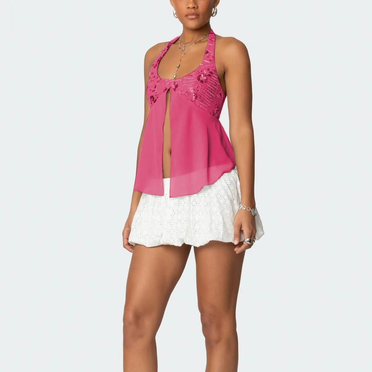 Amiblvowa Womens Sexy Sequin Sparkly Halter Top Y2K Going Out Backless Camisole Slim Fit Crop Cami Aesthetic Tank Tops