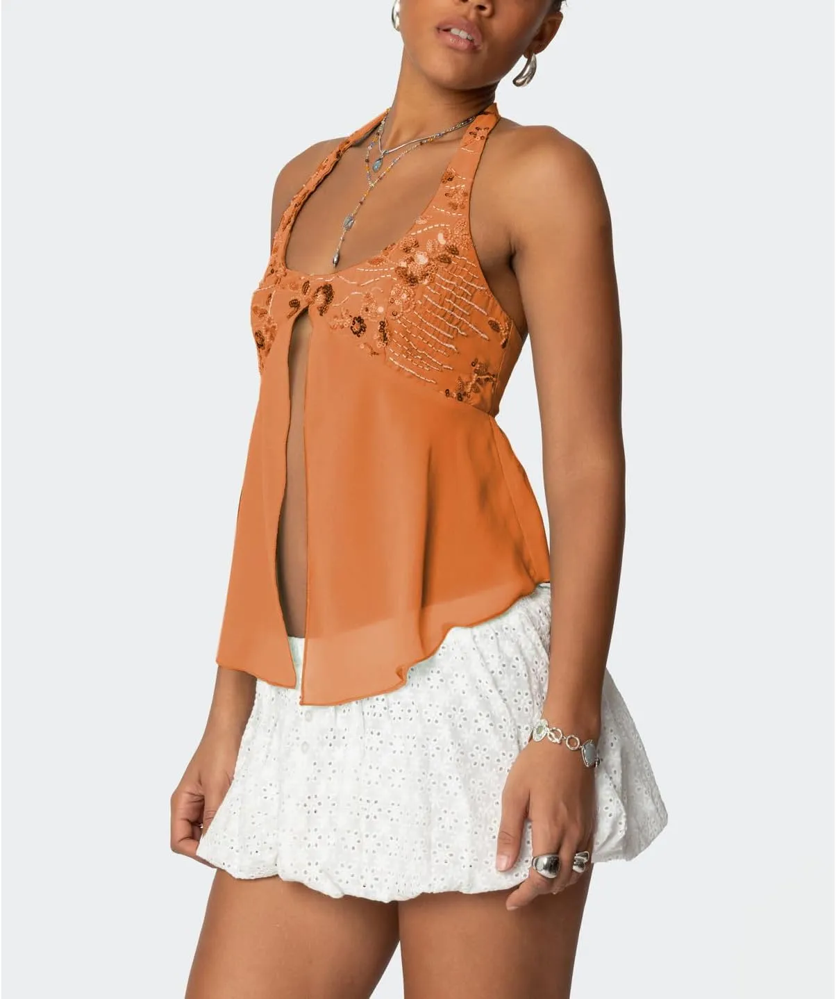 Amiblvowa Womens Sexy Sequin Sparkly Halter Top Y2K Going Out Backless Camisole Slim Fit Crop Cami Aesthetic Tank Tops