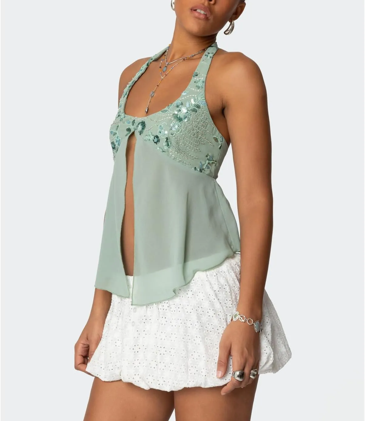 Amiblvowa Womens Sexy Sequin Sparkly Halter Top Y2K Going Out Backless Camisole Slim Fit Crop Cami Aesthetic Tank Tops