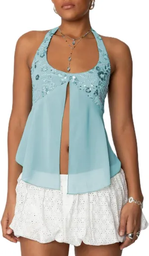 Amiblvowa Womens Sexy Sequin Sparkly Halter Top Y2K Going Out Backless Camisole Slim Fit Crop Cami Aesthetic Tank Tops