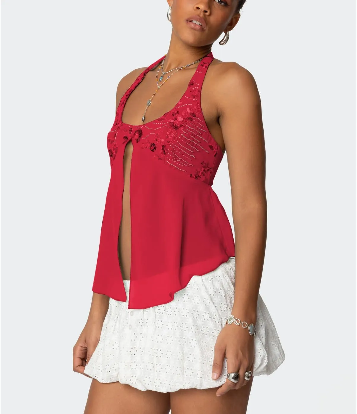 Amiblvowa Womens Sexy Sequin Sparkly Halter Top Y2K Going Out Backless Camisole Slim Fit Crop Cami Aesthetic Tank Tops