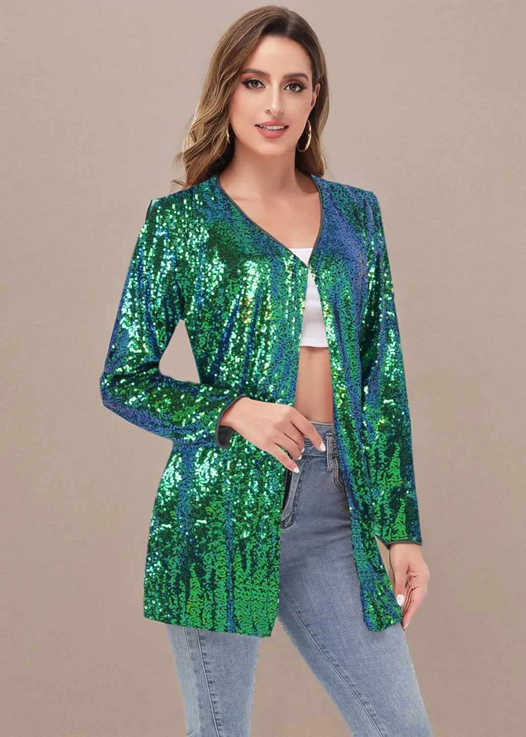 Anna-Kaci Women's Open Front Sequin Coat Las Vegas Blazer Party Club Cocktail Jacket Outerwear