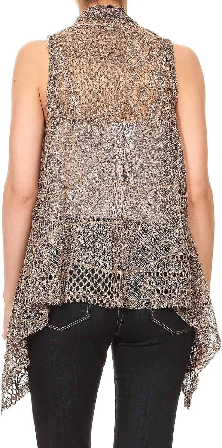 Anna-Kaci Womens Sleeveless Open Front Crochet Shawl Cardigan Bikini Cover Up
