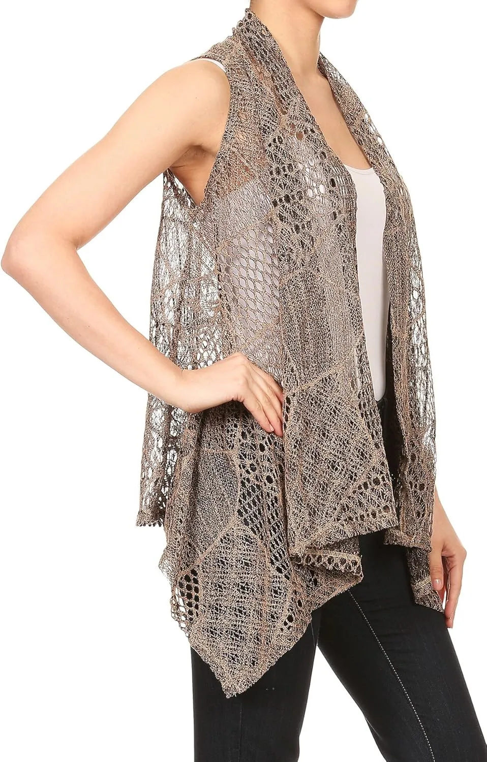 Anna-Kaci Womens Sleeveless Open Front Crochet Shawl Cardigan Bikini Cover Up