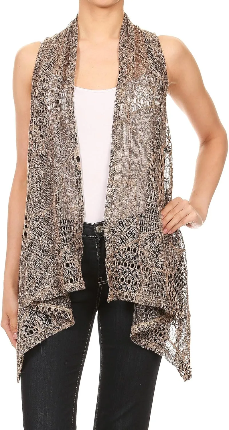Anna-Kaci Womens Sleeveless Open Front Crochet Shawl Cardigan Bikini Cover Up