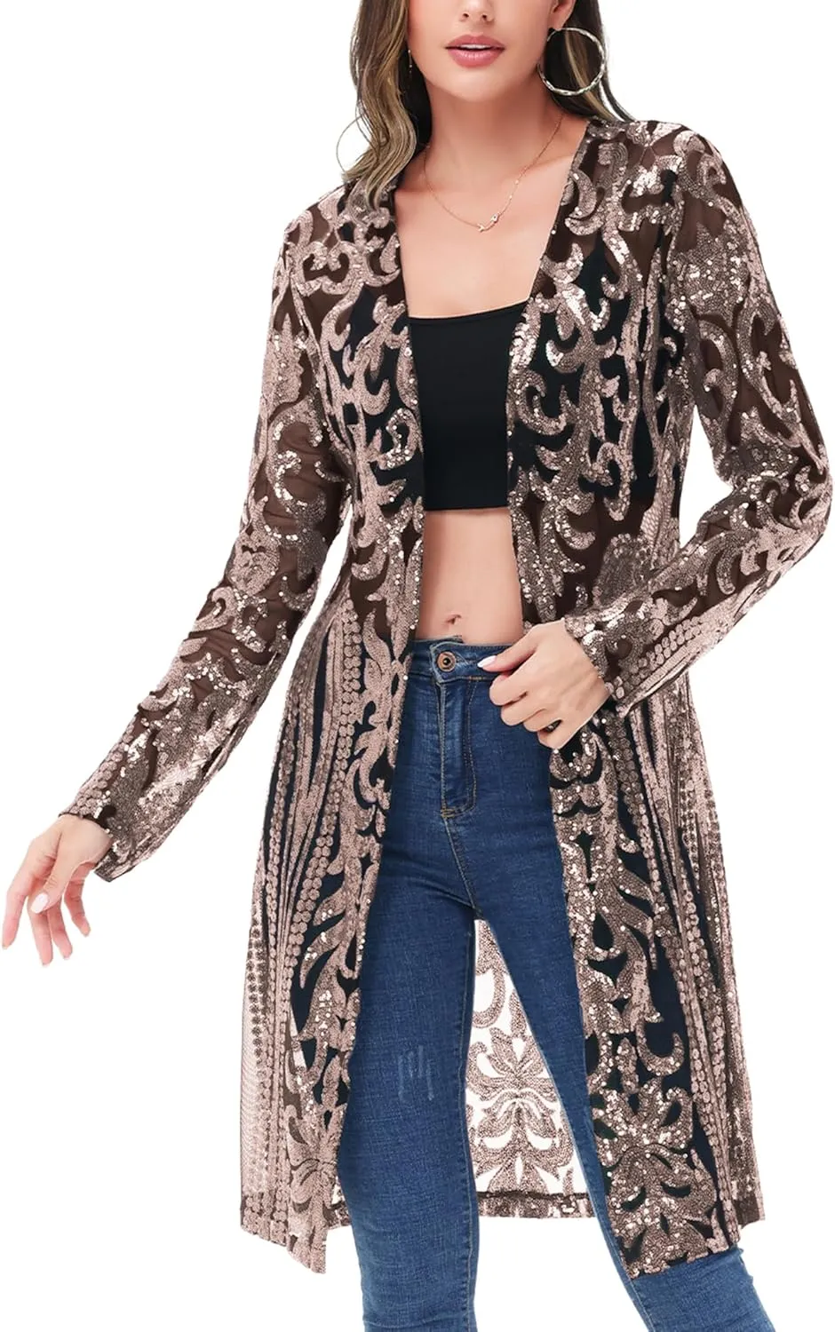 Anna-Kaci Women's Sparkly Sequin Cardigan Long Sleeve Open Front Glitter Kimono
