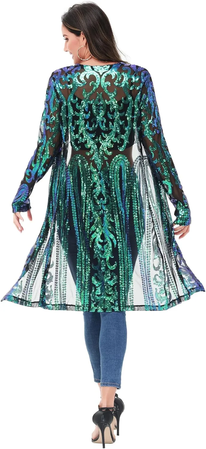 Anna-Kaci Women's Sparkly Sequin Cardigan Long Sleeve Open Front Glitter Kimono
