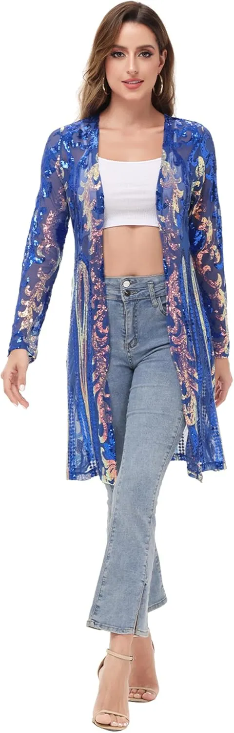 Anna-Kaci Women's Sparkly Sequin Cardigan Long Sleeve Open Front Glitter Kimono
