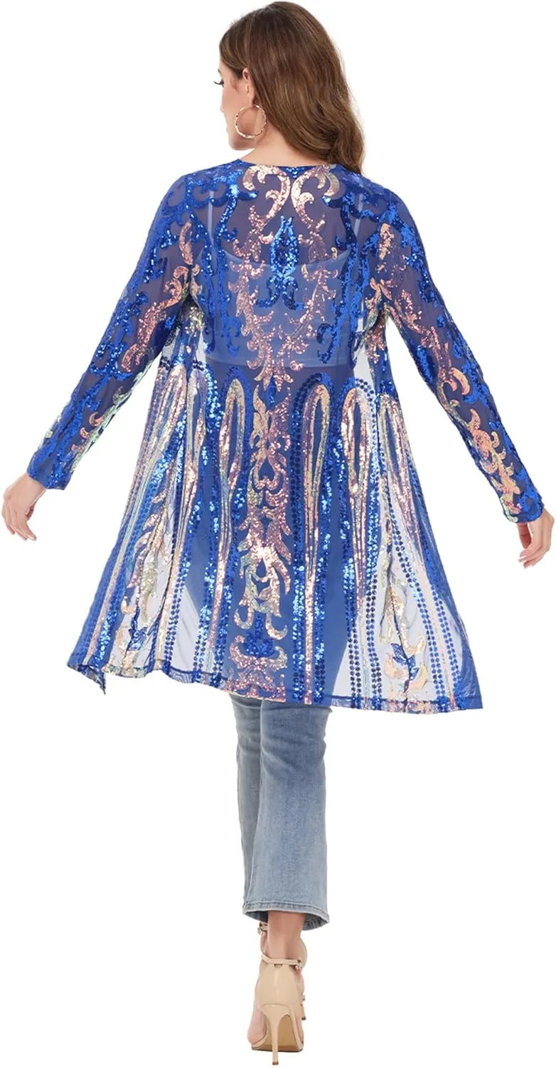 Anna-Kaci Women's Sparkly Sequin Cardigan Long Sleeve Open Front Glitter Kimono