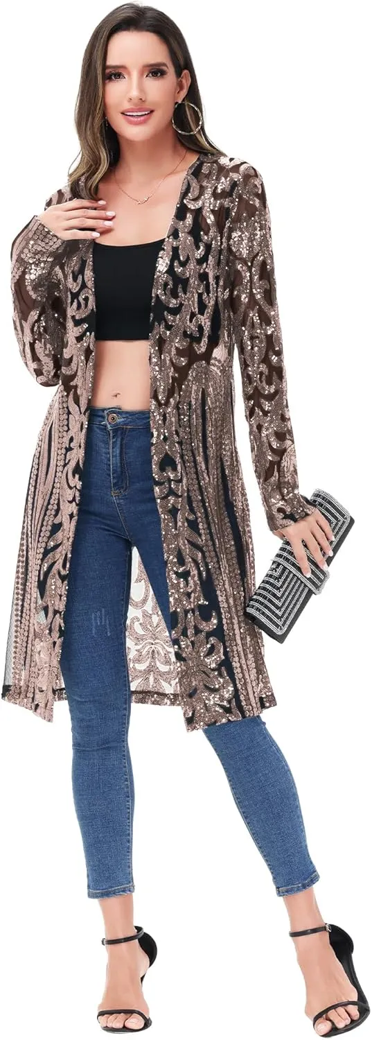 Anna-Kaci Women's Sparkly Sequin Cardigan Long Sleeve Open Front Glitter Kimono