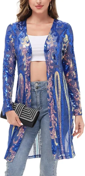 Anna-Kaci Women's Sparkly Sequin Cardigan Long Sleeve Open Front Glitter Kimono