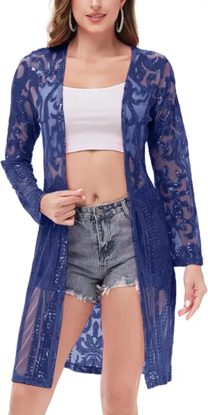 Anna-Kaci Women's Sparkly Sequin Cardigan Long Sleeve Open Front Glitter Kimono