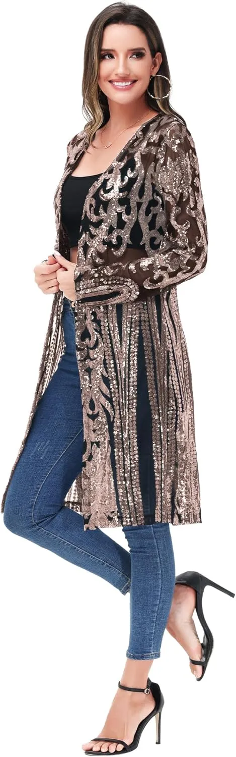 Anna-Kaci Women's Sparkly Sequin Cardigan Long Sleeve Open Front Glitter Kimono