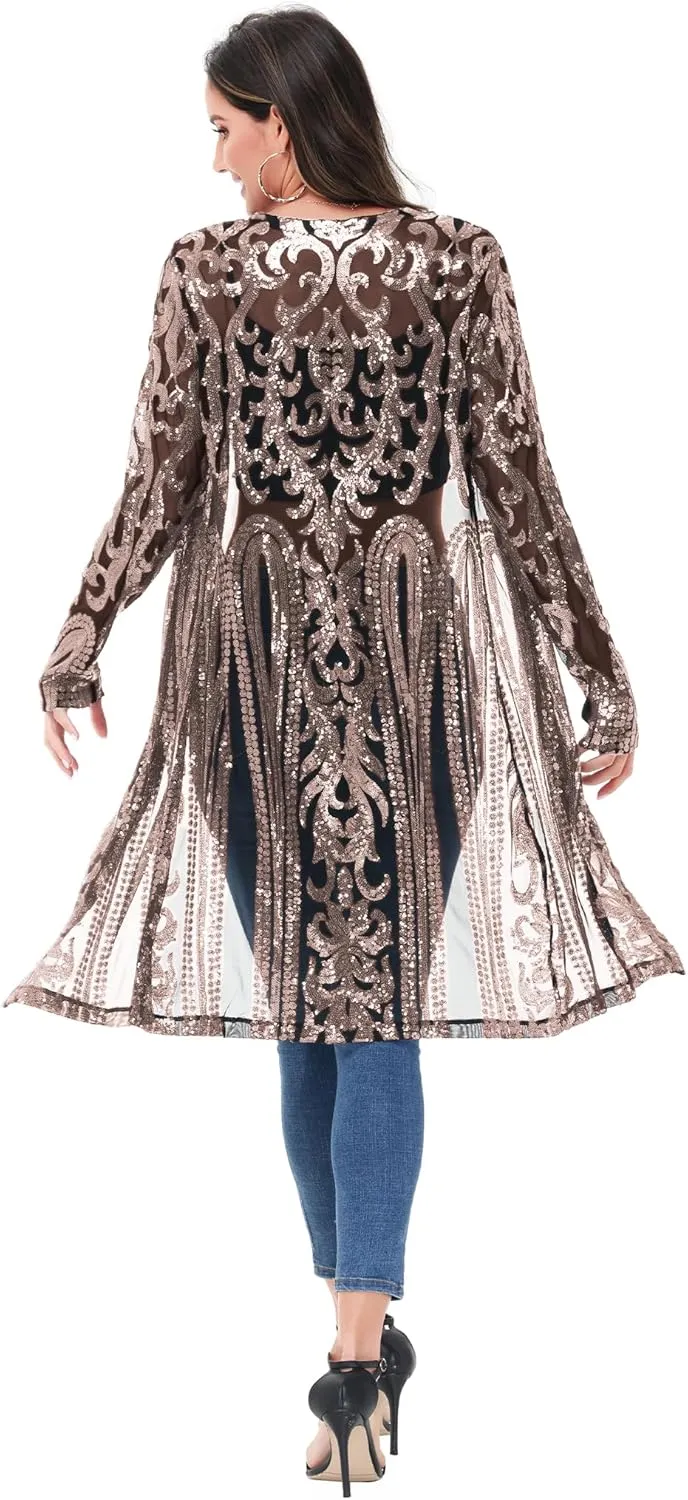 Anna-Kaci Women's Sparkly Sequin Cardigan Long Sleeve Open Front Glitter Kimono