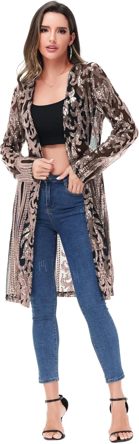 Anna-Kaci Women's Sparkly Sequin Cardigan Long Sleeve Open Front Glitter Kimono