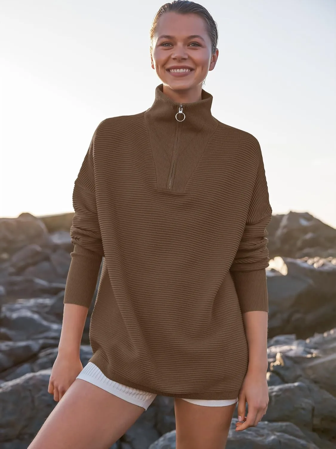 ANRABESS Women Quarter Zip Oversized Casual Loose Rib Knit Cozy Pullover Sweaters Top 2025 Fall Fashion Outfits Clothes