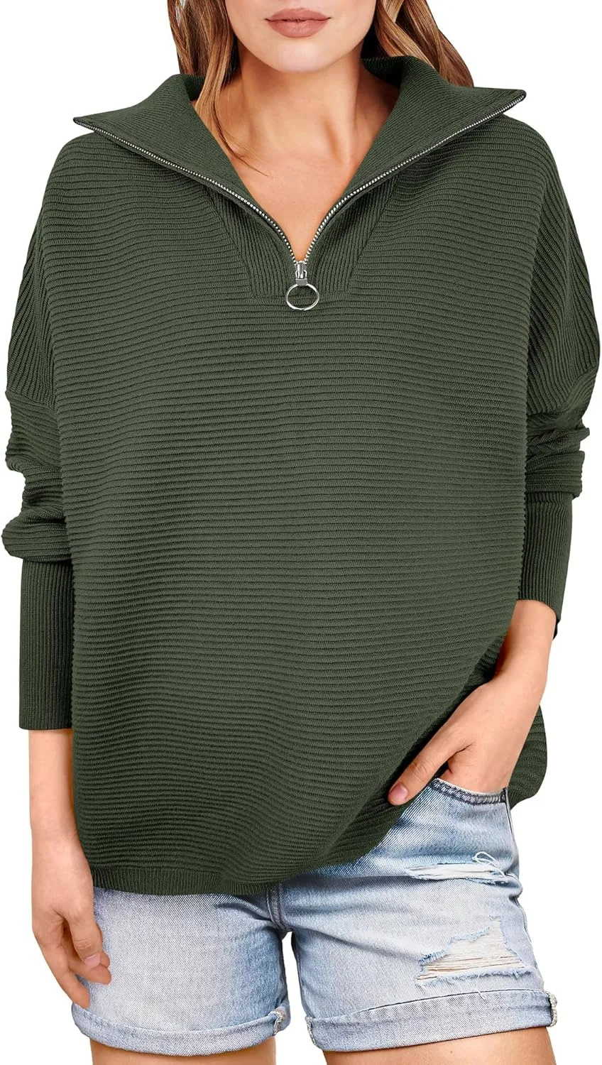 ANRABESS Women Quarter Zip Oversized Casual Loose Rib Knit Cozy Pullover Sweaters Top 2025 Fall Fashion Outfits Clothes