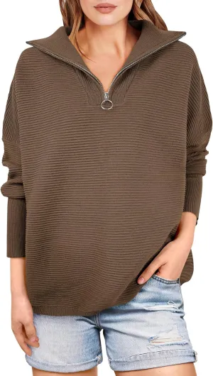 ANRABESS Women Quarter Zip Oversized Casual Loose Rib Knit Cozy Pullover Sweaters Top 2025 Fall Fashion Outfits Clothes