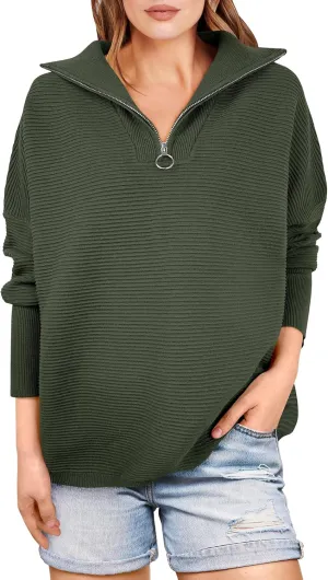 ANRABESS Women Quarter Zip Oversized Casual Loose Rib Knit Cozy Pullover Sweaters Top 2025 Fall Fashion Outfits Clothes