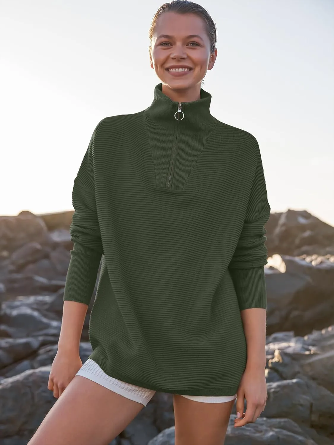 ANRABESS Women Quarter Zip Oversized Casual Loose Rib Knit Cozy Pullover Sweaters Top 2025 Fall Fashion Outfits Clothes