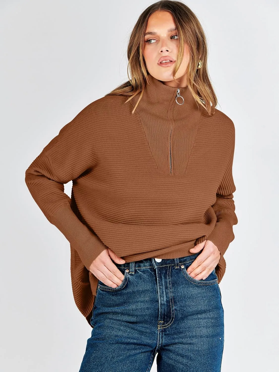 ANRABESS Women Quarter Zip Oversized Casual Loose Rib Knit Cozy Pullover Sweaters Top 2025 Fall Fashion Outfits Clothes