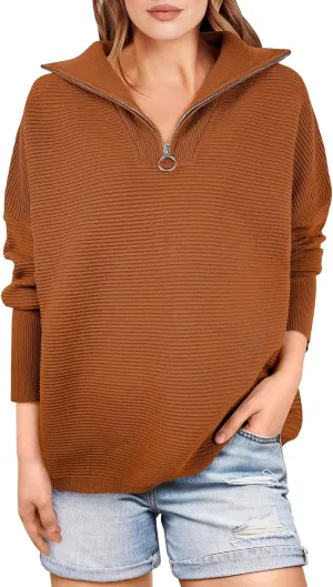 ANRABESS Women Quarter Zip Oversized Casual Loose Rib Knit Cozy Pullover Sweaters Top 2025 Fall Fashion Outfits Clothes